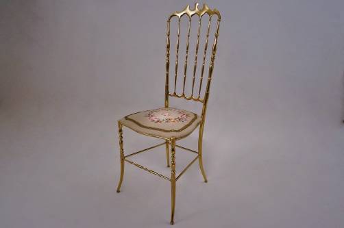 Chiavari brass chair, needle point seat & high back 1950`s ca, Italian